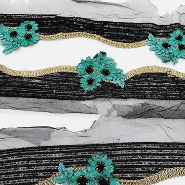 Black Net Scallop Cutwork Lace Trim with Blue Floral Embroidery With Sequins, Sari Border, Embroidered Trim
